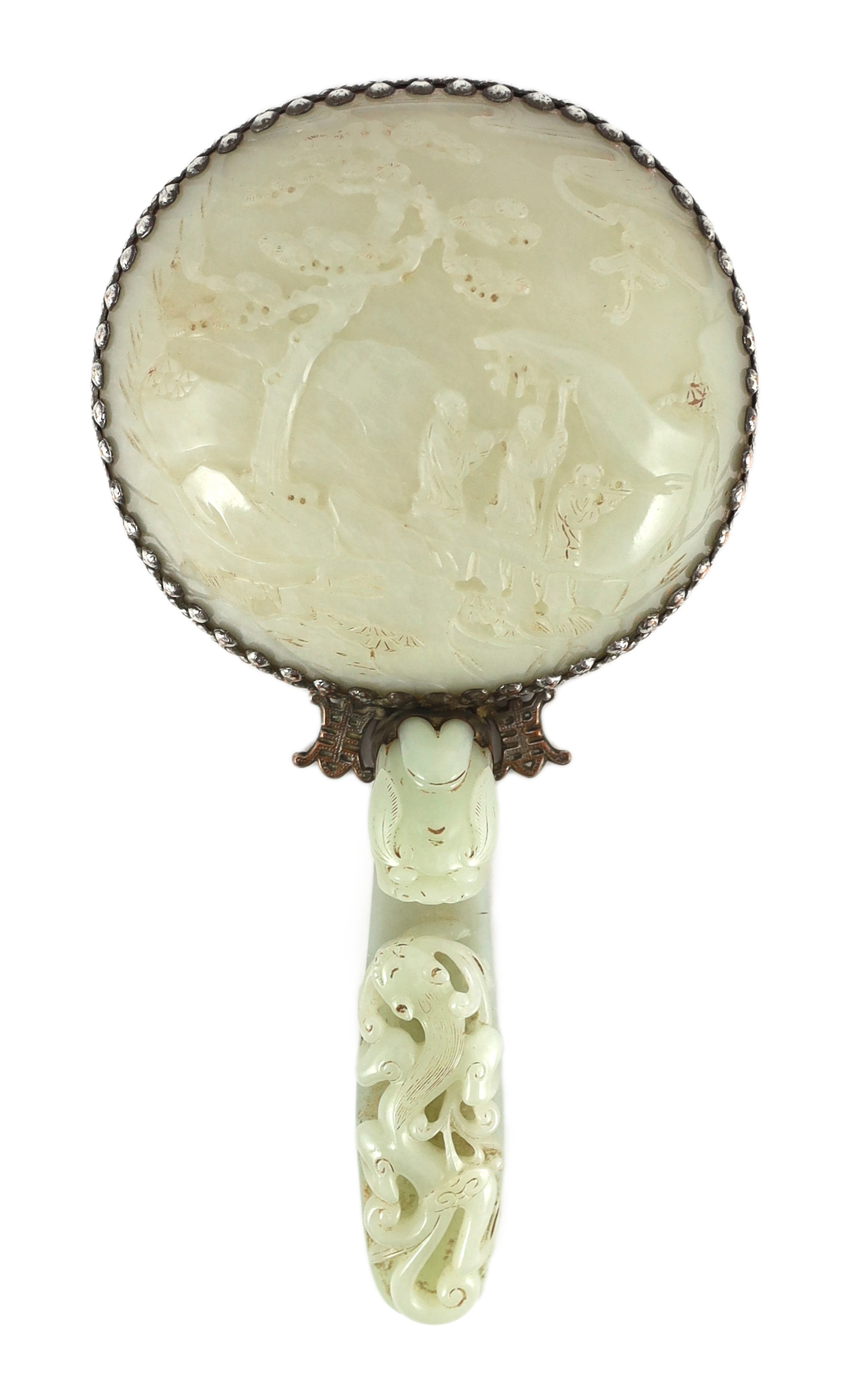 An early 20th century Chinese plated hand mirror with 18th/19th century jade mounts